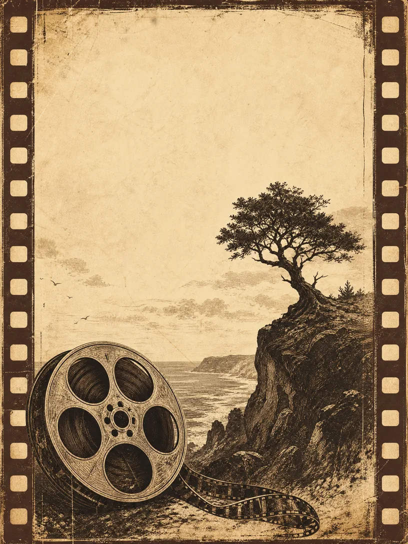 本届海角先锋影展主视觉海报：海角悬崖上的孤树与胶片卷轴版画